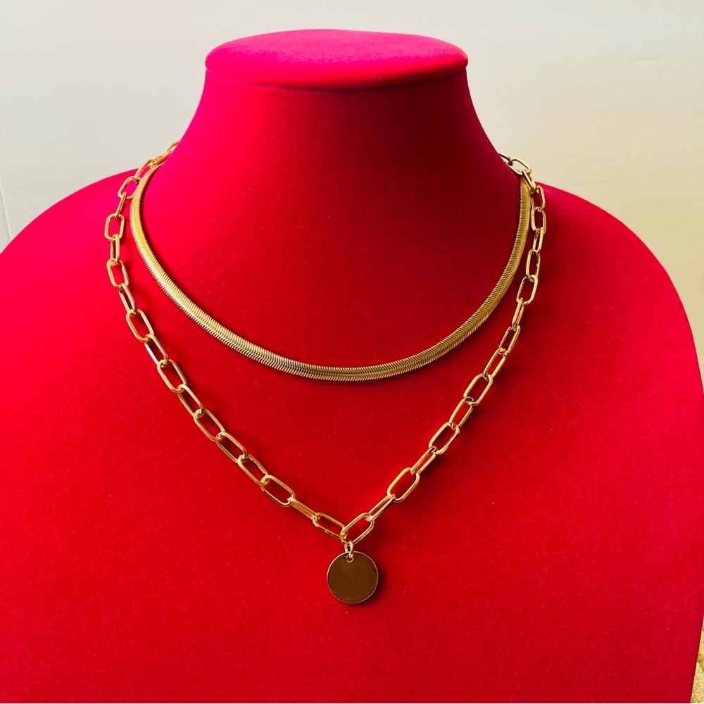 Two Layer Necklace Adjustable | Round Charm | Gol… - image 1